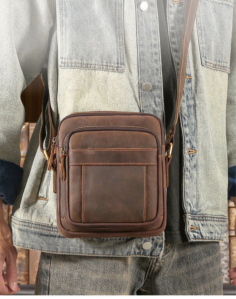 新款復古瘋馬皮斜挎包 歐美經典頭層牛皮小方包 男士單肩包斜背包 休閒通勤真皮包包推薦 真皮包包