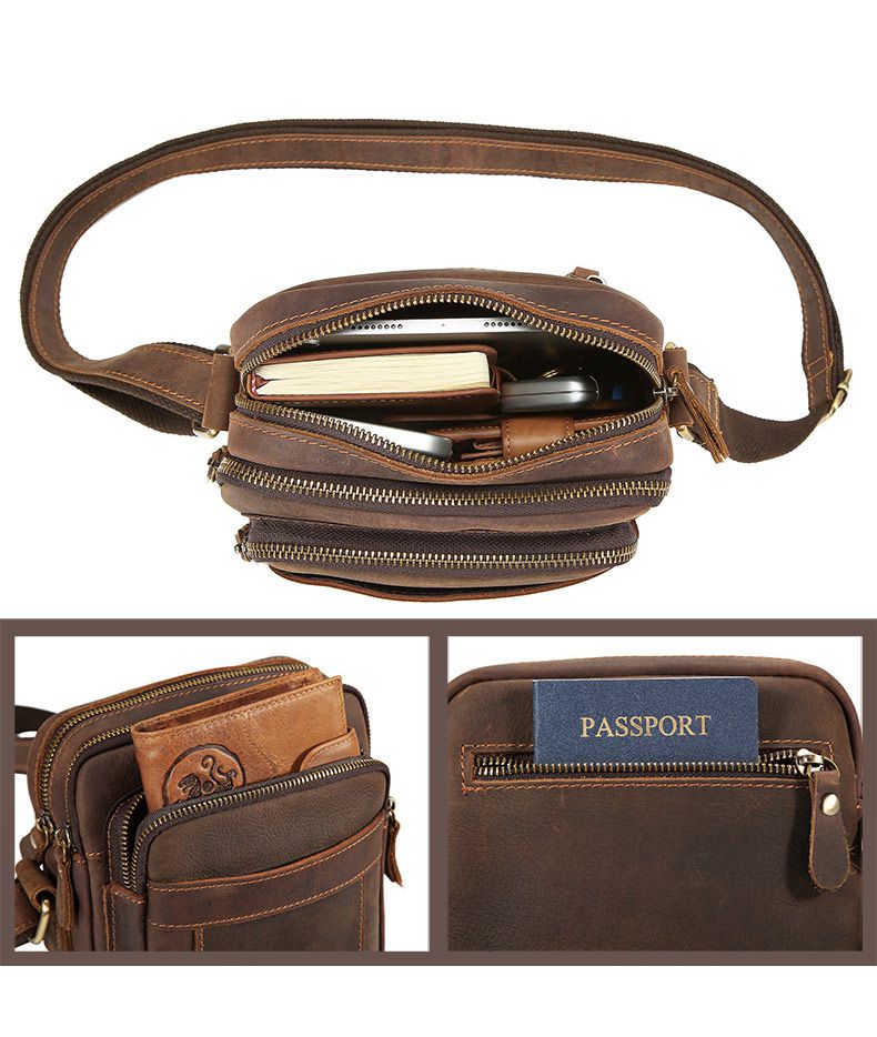 新款復古瘋馬皮斜挎包 歐美經典頭層牛皮小方包 男士單肩包斜背包 休閒通勤真皮包包推薦 真皮包包