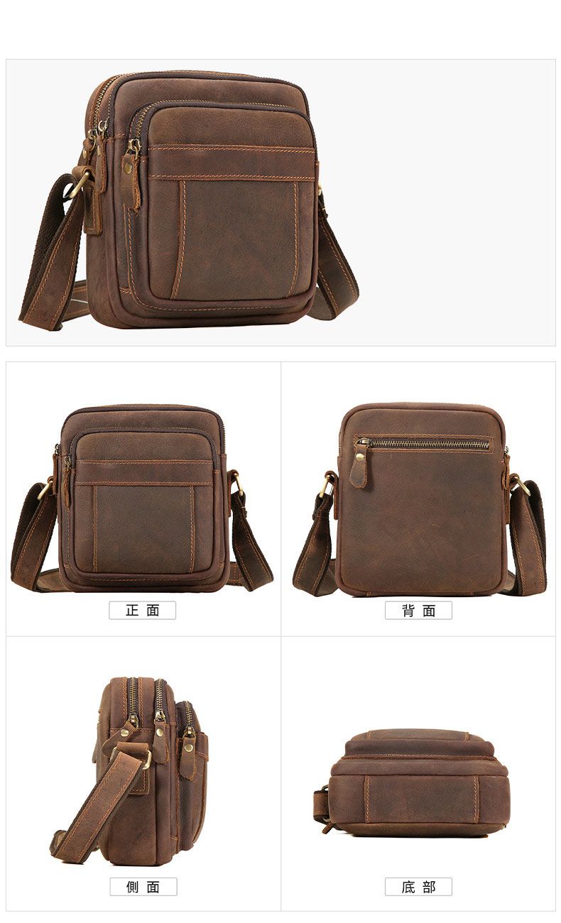 新款復古瘋馬皮斜挎包 歐美經典頭層牛皮小方包 男士單肩包斜背包 休閒通勤真皮包包推薦 真皮包包