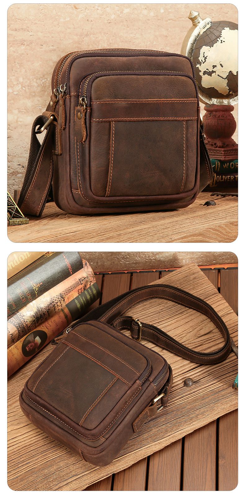 新款復古瘋馬皮斜挎包 歐美經典頭層牛皮小方包 男士單肩包斜背包 休閒通勤真皮包包推薦 真皮包包
