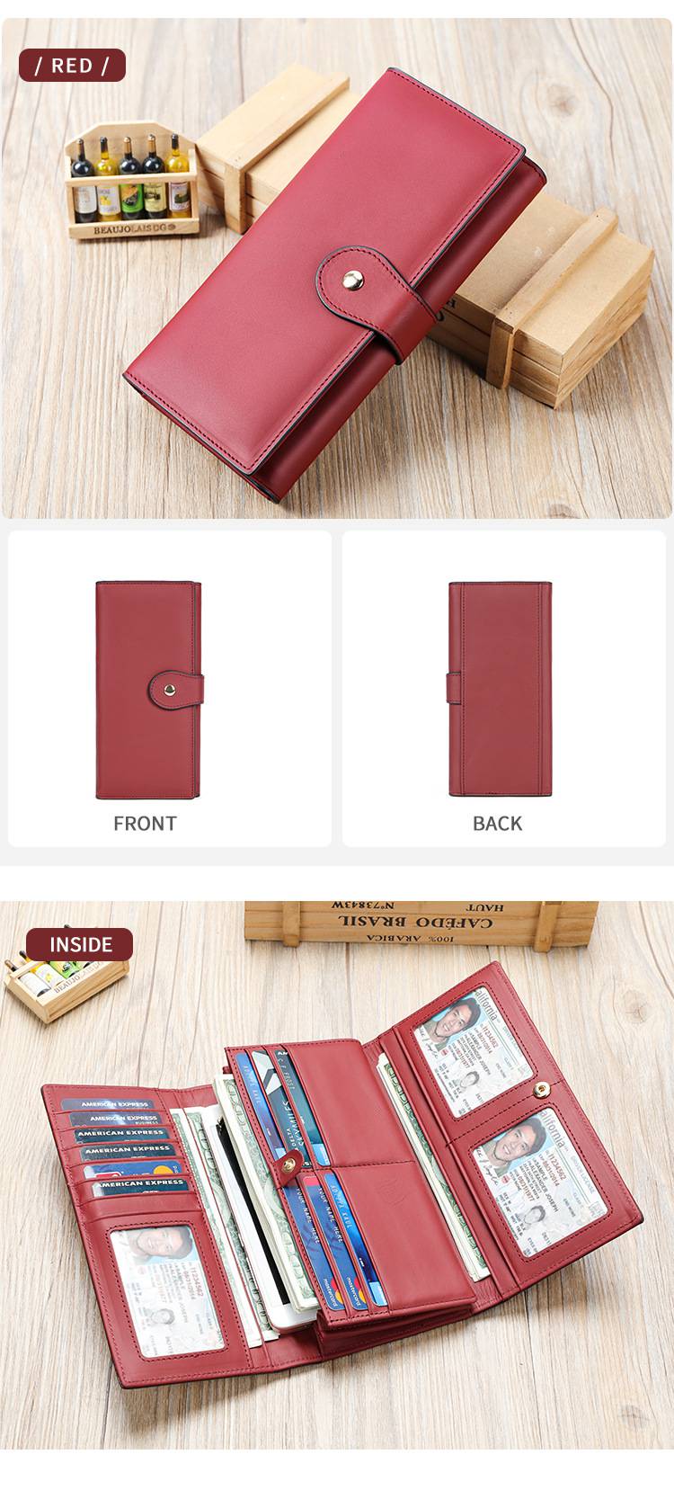 新款氣質女士長款真皮錢包 女生多卡位rfid防磁卡包 時尚潮流頭層牛皮錢夾皮夾推薦 真皮包包