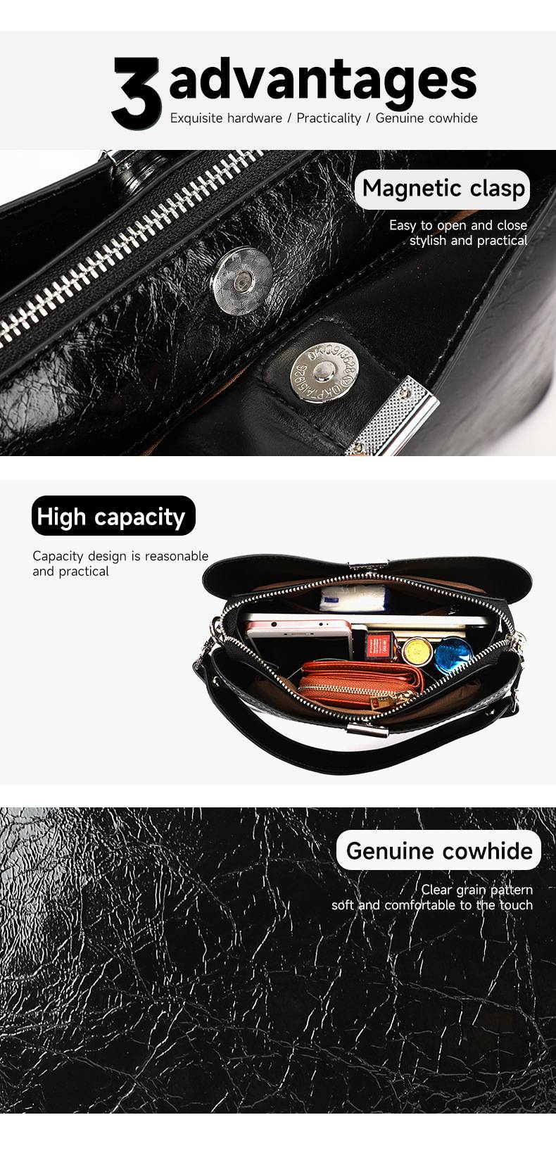 新款氣質時尚女士真皮手提包 頭層牛皮百搭水桶包手袋 上班通勤斜挎包 高級感女包斜背包推薦 真皮包包