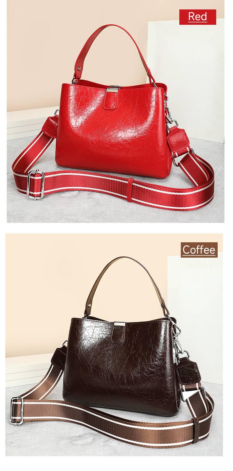 新款氣質時尚女士真皮手提包 頭層牛皮百搭水桶包手袋 上班通勤斜挎包 高級感女包斜背包推薦 真皮包包