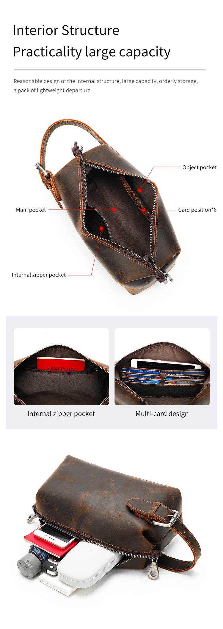 瘋馬皮洗漱化妝包 男式真皮化妝收納包旅行包 新款耐用實用頭層牛皮洗漱包推薦 真皮包包