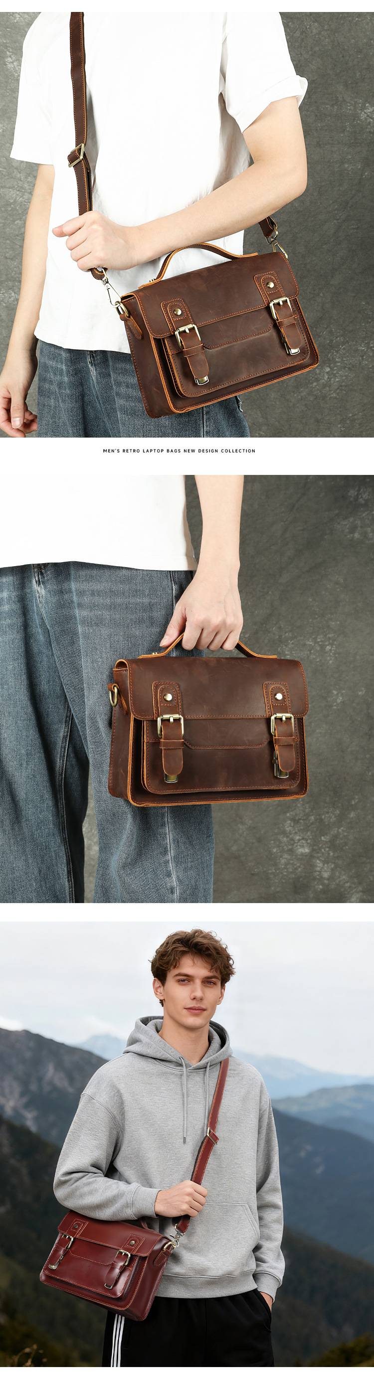 男款瘋馬皮復古郵差包公事包 高級感真皮手提包文件包 大容量15吋公文包斜背包推薦 真皮包包