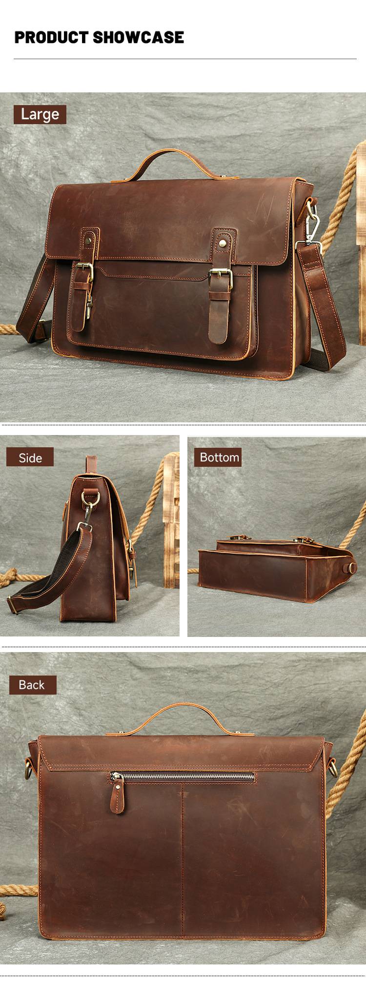 男款瘋馬皮復古郵差包公事包 高級感真皮手提包文件包 大容量15吋公文包斜背包推薦 真皮包包