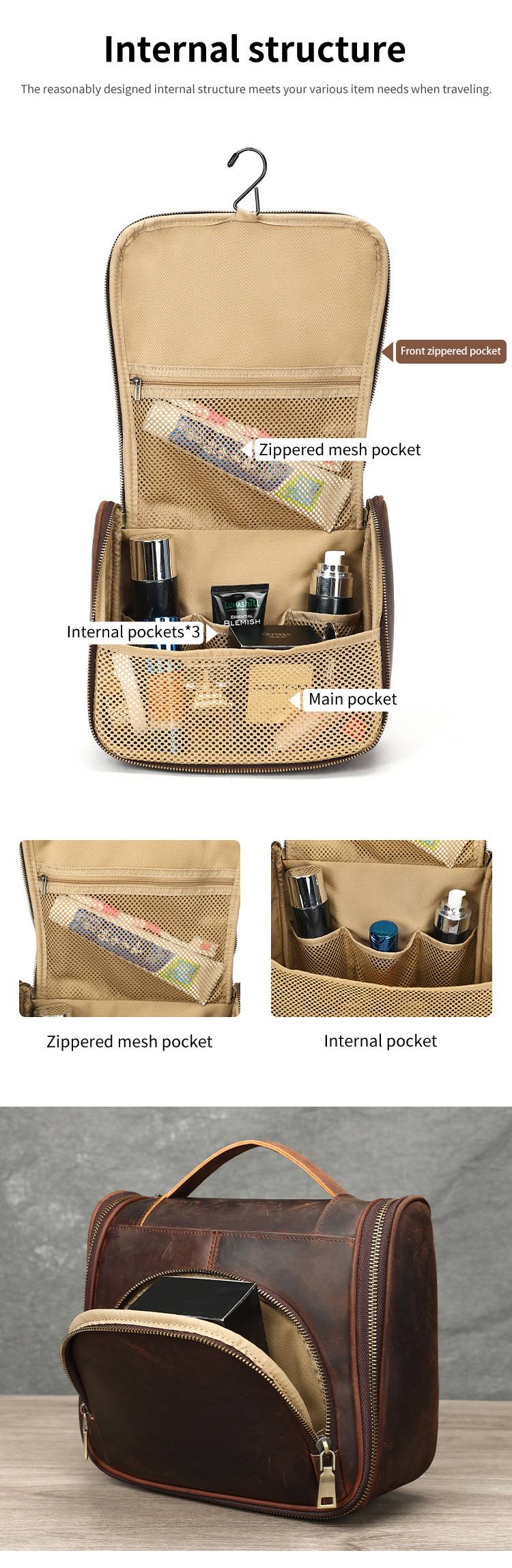 頭層牛皮復古洗漱包 男女通用真皮化妝包 瘋馬皮化妝品收納袋手包 旅行洗漱手提袋推薦 真皮包包