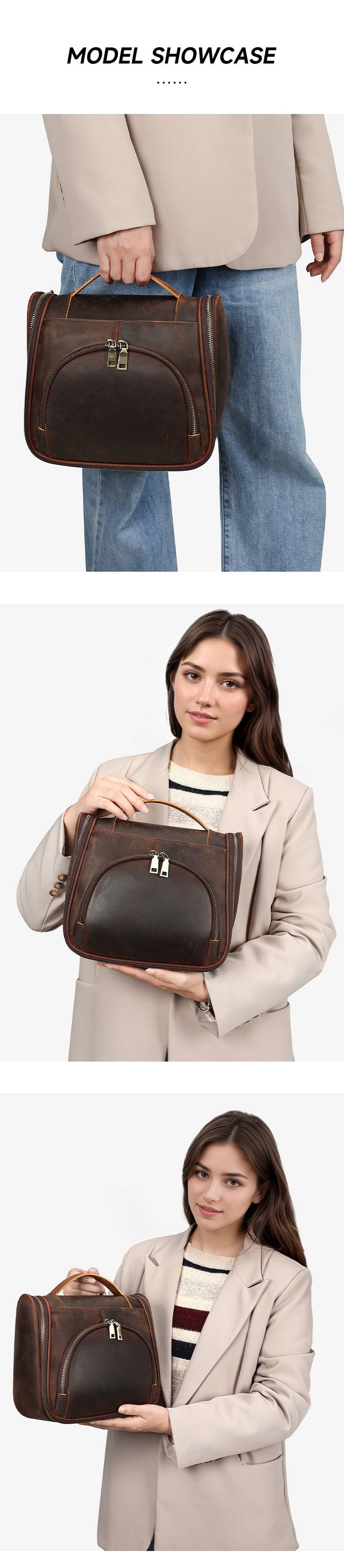 頭層牛皮復古洗漱包 男女通用真皮化妝包 瘋馬皮化妝品收納袋手包 旅行洗漱手提袋推薦 真皮包包