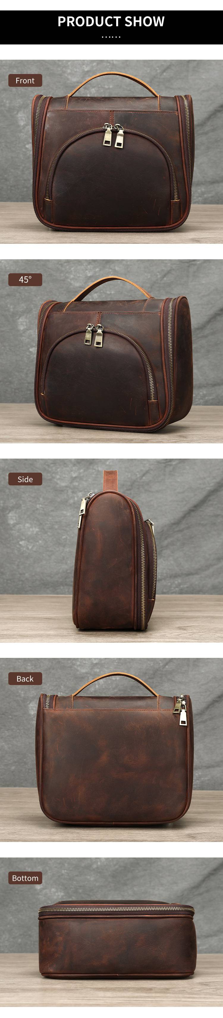 頭層牛皮復古洗漱包 男女通用真皮化妝包 瘋馬皮化妝品收納袋手包 旅行洗漱手提袋推薦 真皮包包