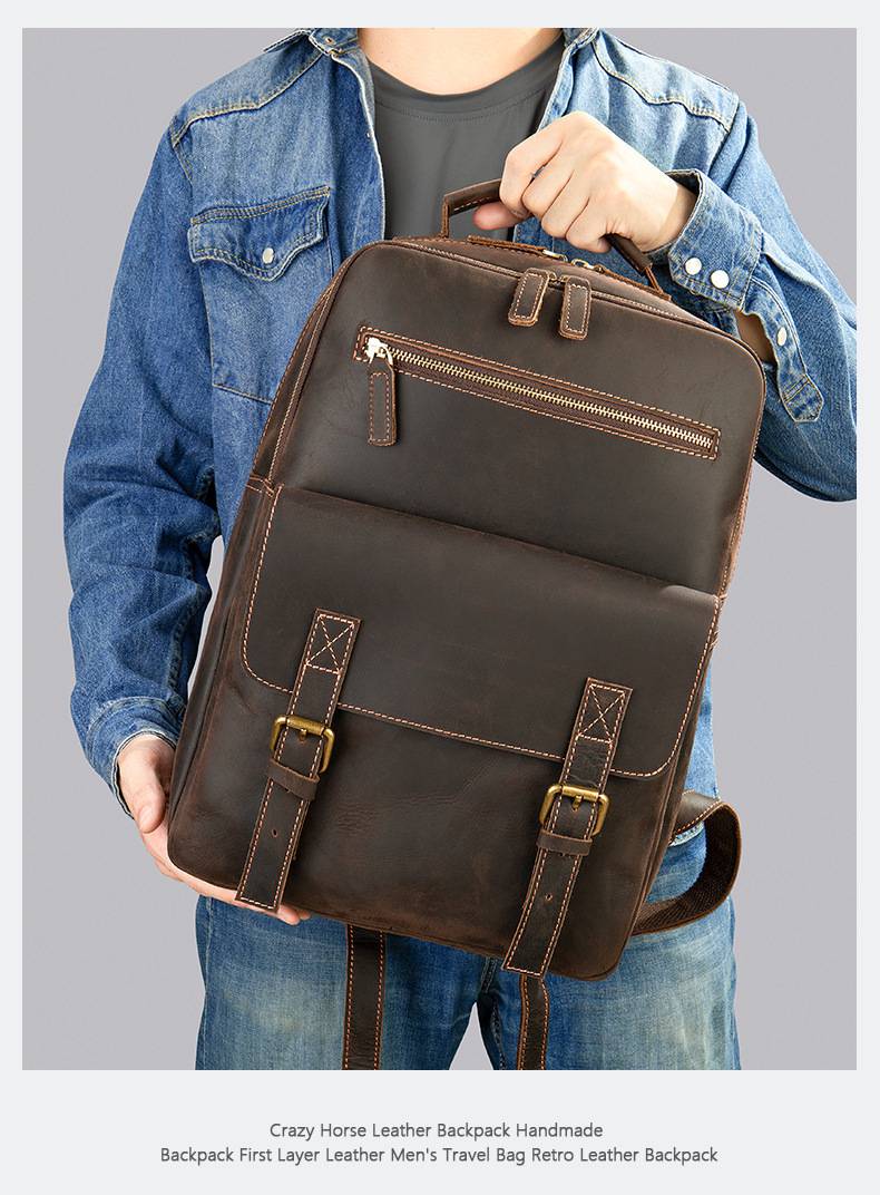 新款瘋馬皮歐美熱銷後背包 復古男雙肩背包 大容量電腦雙肩包 戶外旅行包出行男士包包推薦 真皮包包