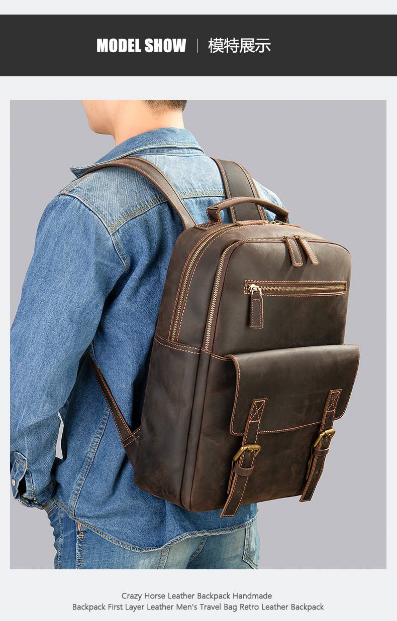 新款瘋馬皮歐美熱銷後背包 復古男雙肩背包 大容量電腦雙肩包 戶外旅行包出行男士包包推薦 真皮包包