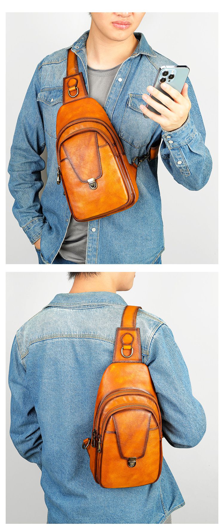 新款擦色胸包斜挎包 男款大容量休閒真皮斜背包 頭層牛皮運動單肩男士胸前包推薦 真皮包包