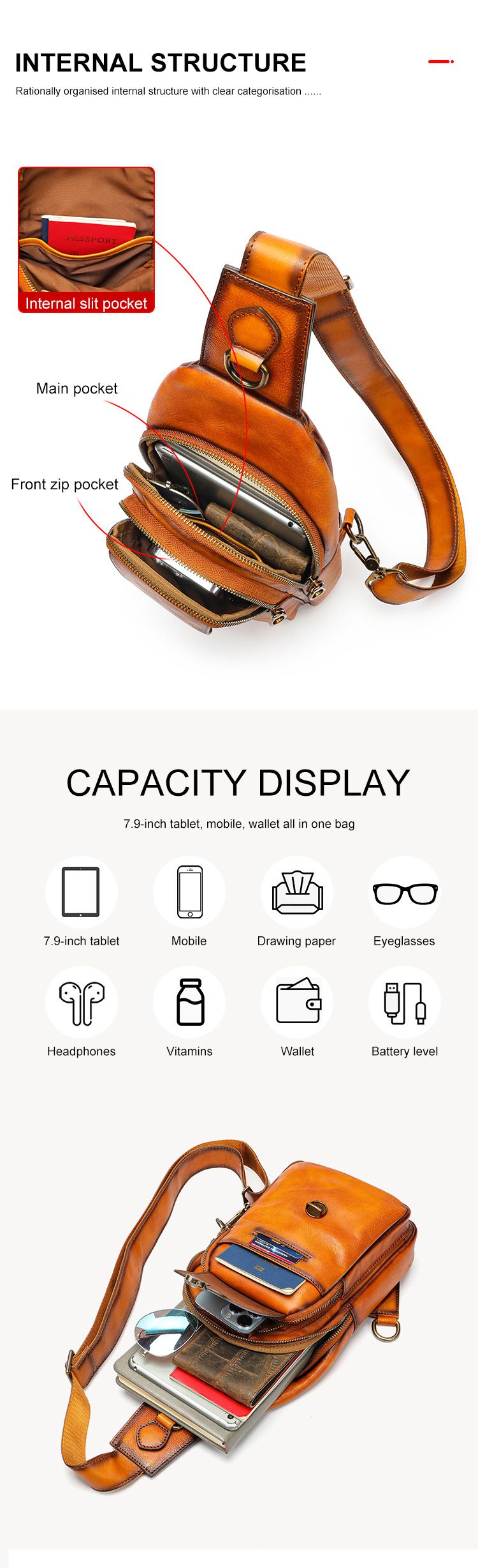 新款擦色胸包斜挎包 男款大容量休閒真皮斜背包 頭層牛皮運動單肩男士胸前包推薦 真皮包包