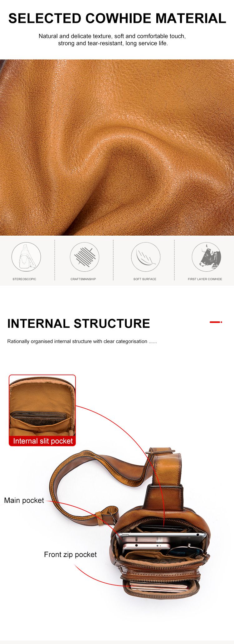 新款男士頭層牛皮胸包 復古擦色斜挎背包 真皮男包多功能牛皮胸前包 時尚高級感單肩包推薦 真皮包包