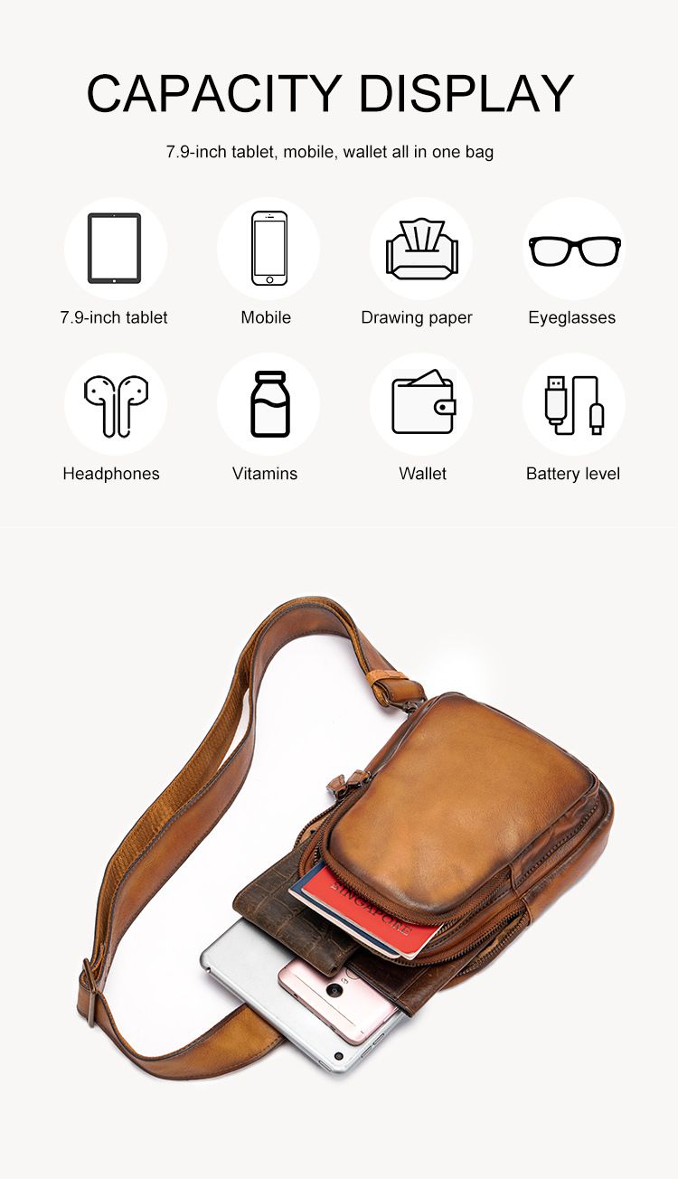 新款男士頭層牛皮胸包 復古擦色斜挎背包 真皮男包多功能牛皮胸前包 時尚高級感單肩包推薦 真皮包包