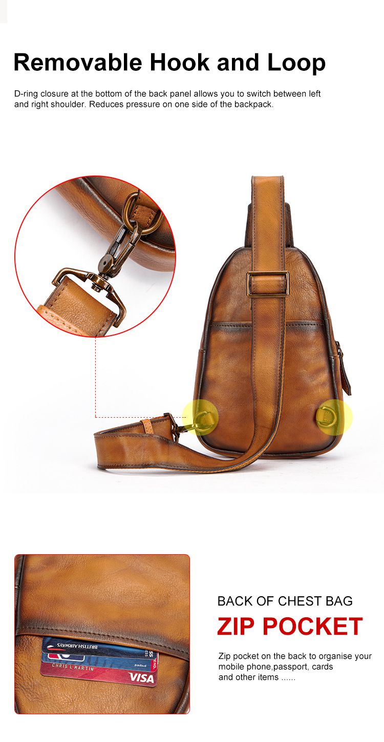 新款男士頭層牛皮胸包 復古擦色斜挎背包 真皮男包多功能牛皮胸前包 時尚高級感單肩包推薦 真皮包包