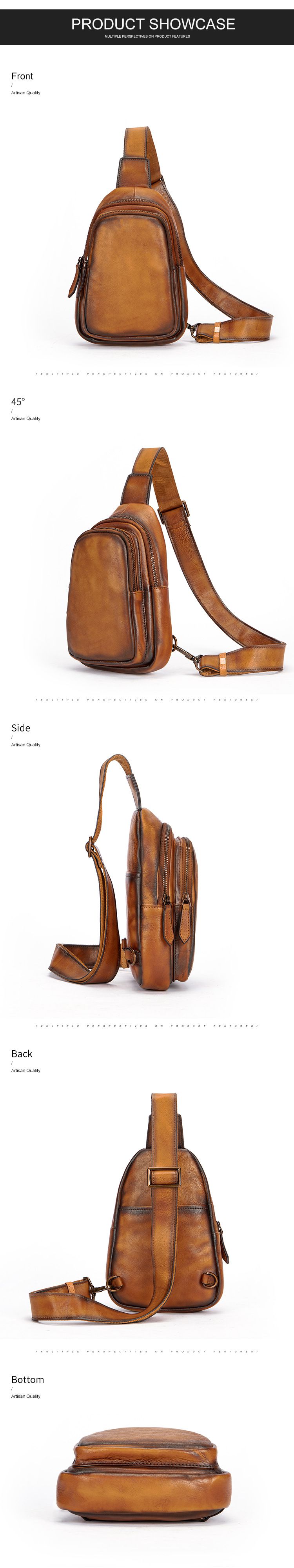 新款男士頭層牛皮胸包 復古擦色斜挎背包 真皮男包多功能牛皮胸前包 時尚高級感單肩包推薦 真皮包包