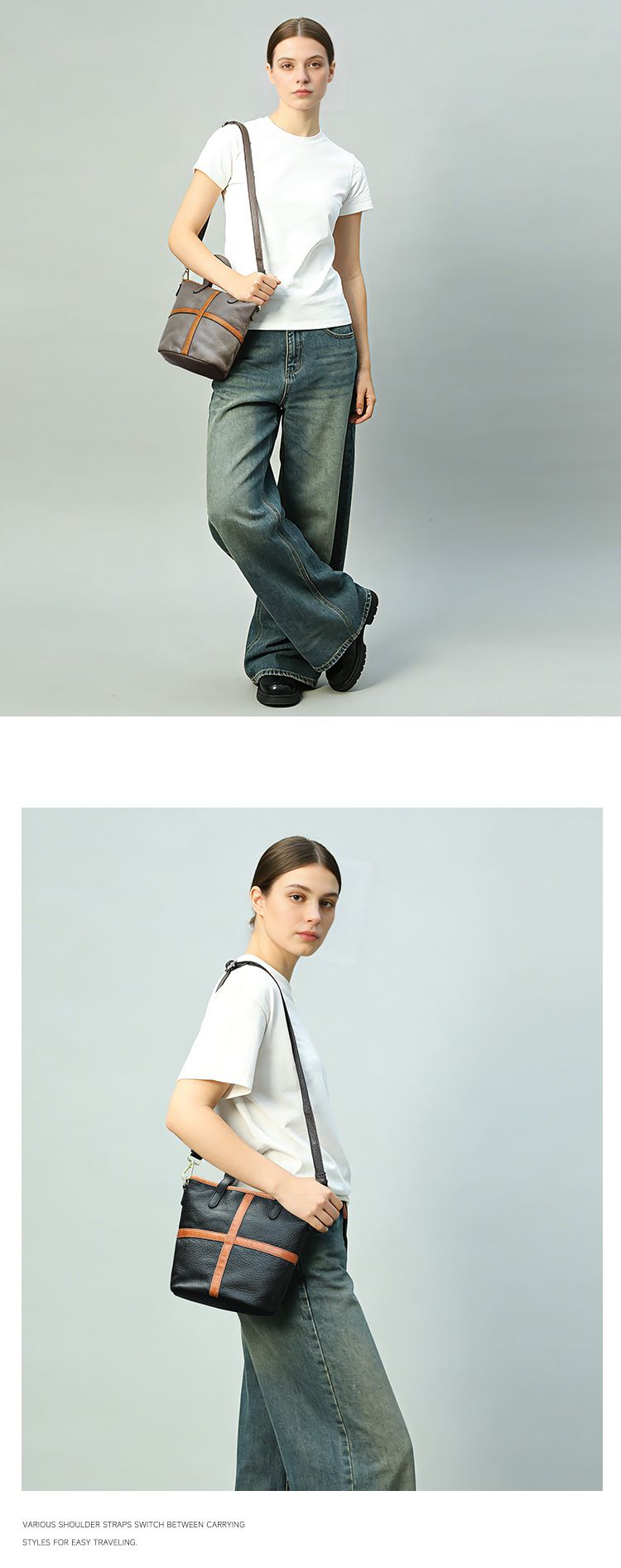 頭層牛皮女士單肩包 時尚百搭手提包托特包 真皮斜挎包水桶包 斜背包側背包推薦 真皮包包