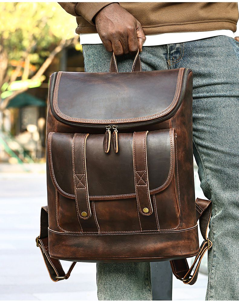 歐美大容量旅行雙肩包 瘋馬皮後背包 真皮男包 復古頭層牛皮學生書包筆電背包推薦 真皮包包