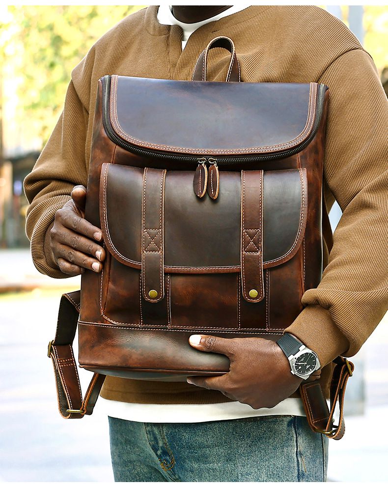 歐美大容量旅行雙肩包 瘋馬皮後背包 真皮男包 復古頭層牛皮學生書包筆電背包推薦 真皮包包