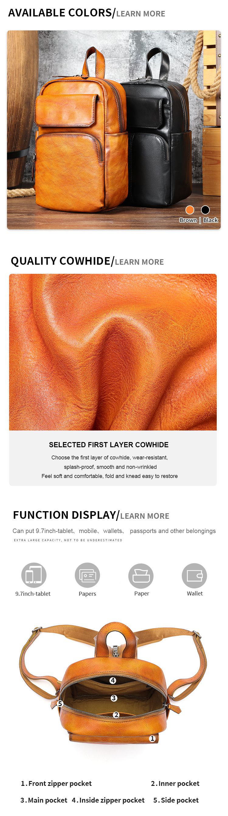 男女兩用胸包後背包 頭層牛皮復古擦色胸前包 大容量雙肩背包 時尚休閒青年包包推薦 真皮包包