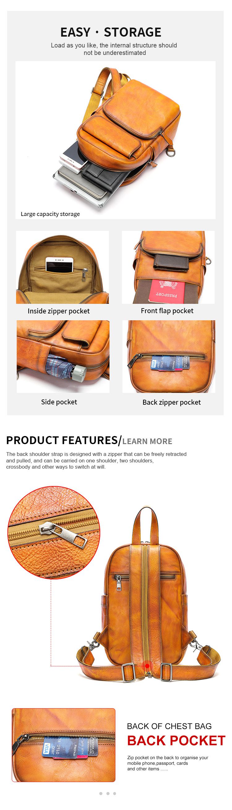 男女兩用胸包後背包 頭層牛皮復古擦色胸前包 大容量雙肩背包 時尚休閒青年包包推薦 真皮包包