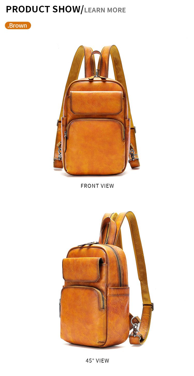 男女兩用胸包後背包 頭層牛皮復古擦色胸前包 大容量雙肩背包 時尚休閒青年包包推薦 真皮包包