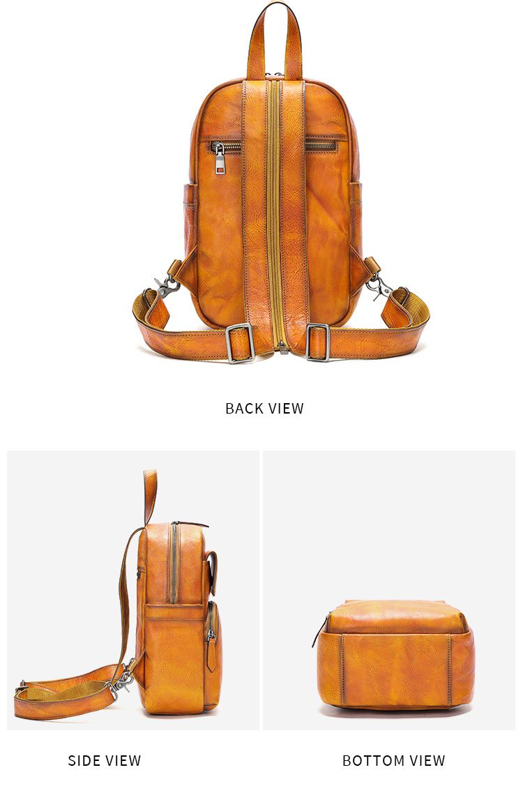 男女兩用胸包後背包 頭層牛皮復古擦色胸前包 大容量雙肩背包 時尚休閒青年包包推薦 真皮包包