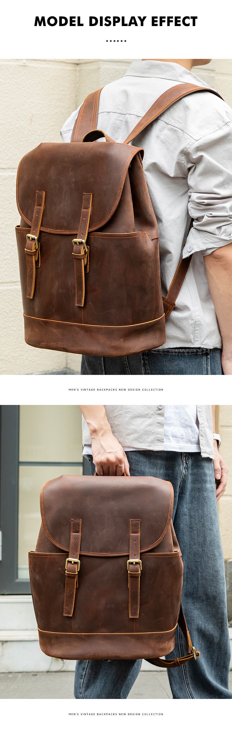 新款時尚瘋馬皮後背包 男款雙肩包旅行包 復古休閒真皮差旅背包 大容量16吋電腦背包推薦 真皮包包