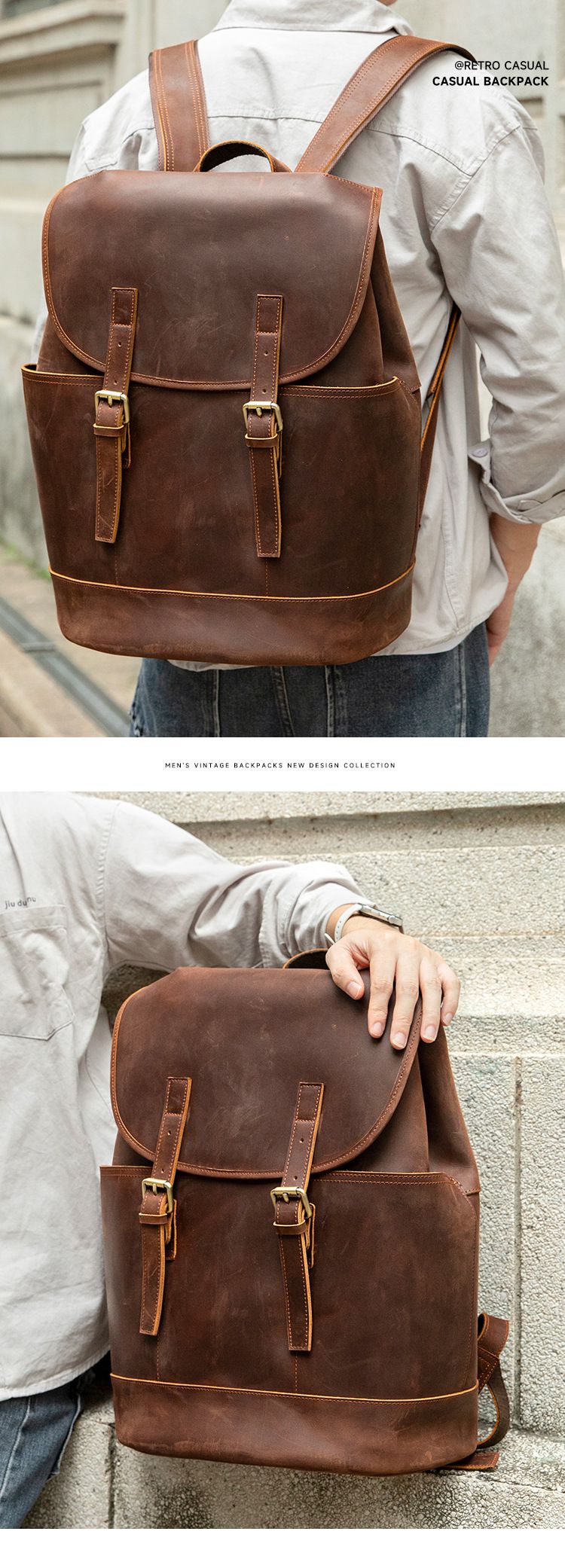 新款時尚瘋馬皮後背包 男款雙肩包旅行包 復古休閒真皮差旅背包 大容量16吋電腦背包推薦 真皮包包