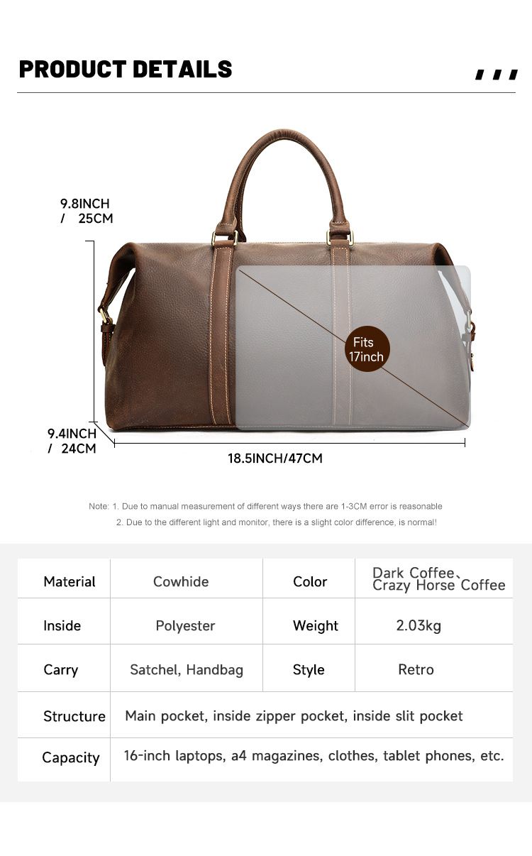 新款兩款材質:真皮復古瘋馬皮行李袋 男士單肩手提包旅行包 真皮斜背包差旅手袋推薦 真皮包包