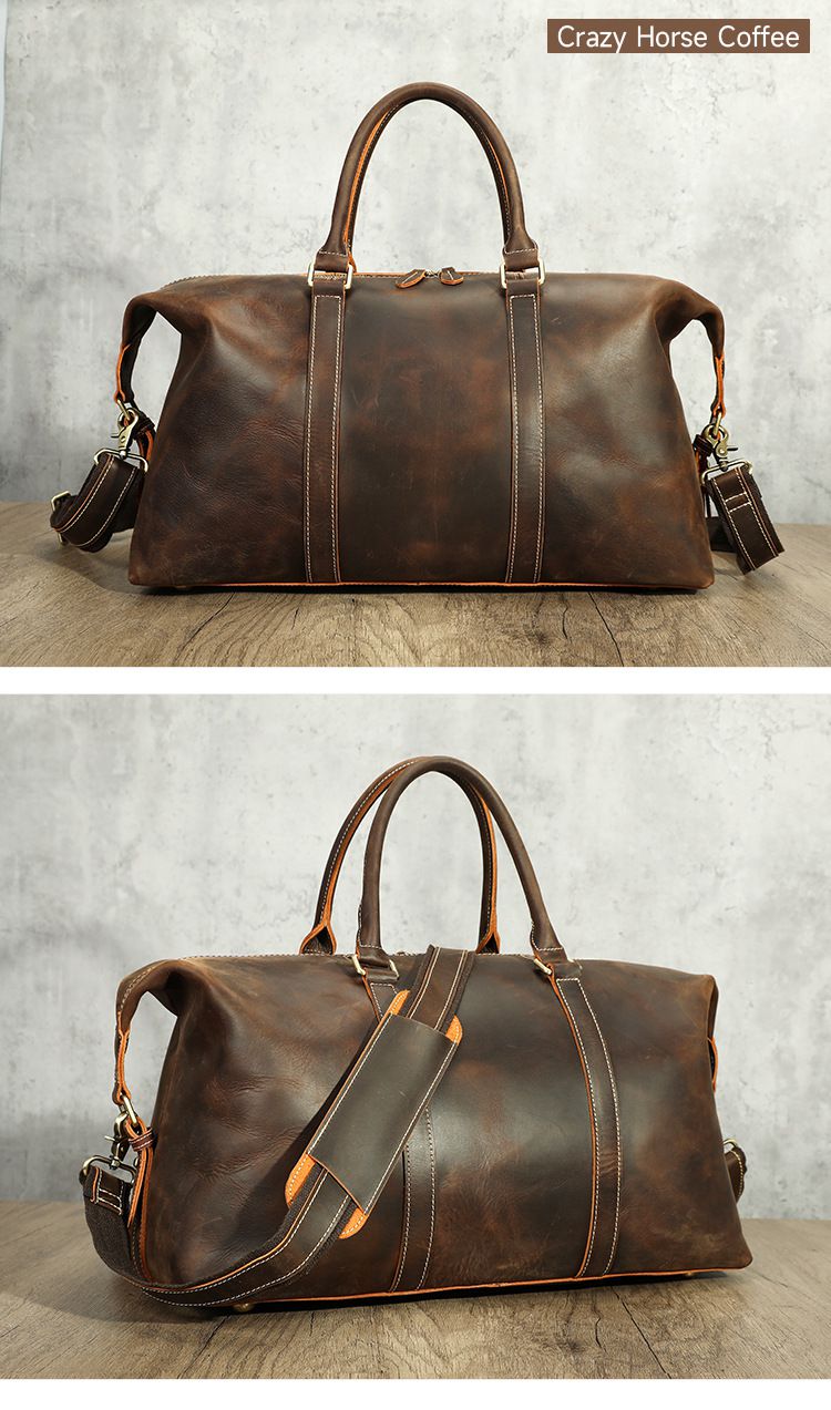 新款兩款材質:真皮復古瘋馬皮行李袋 男士單肩手提包旅行包 真皮斜背包差旅手袋推薦 真皮包包