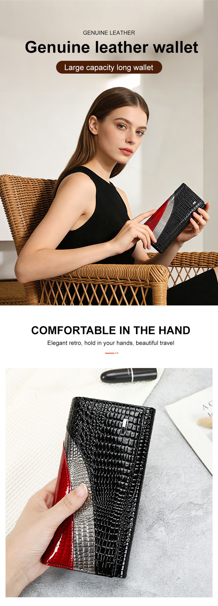 新款油蠟牛皮時尚拼接手拿包 復古百搭簡約長款錢包 潮時尚真皮女士錢包 新款手機包推薦 真皮包包