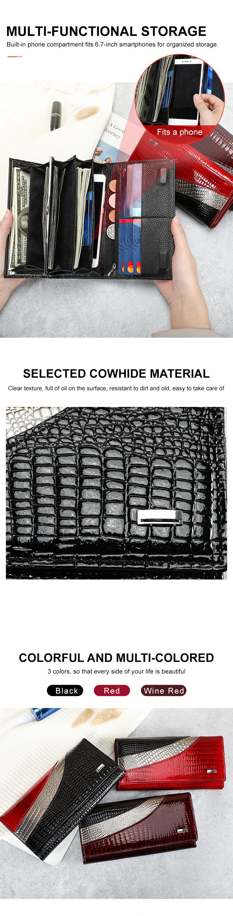 新款油蠟牛皮時尚拼接手拿包 復古百搭簡約長款錢包 潮時尚真皮女士錢包 新款手機包推薦 真皮包包