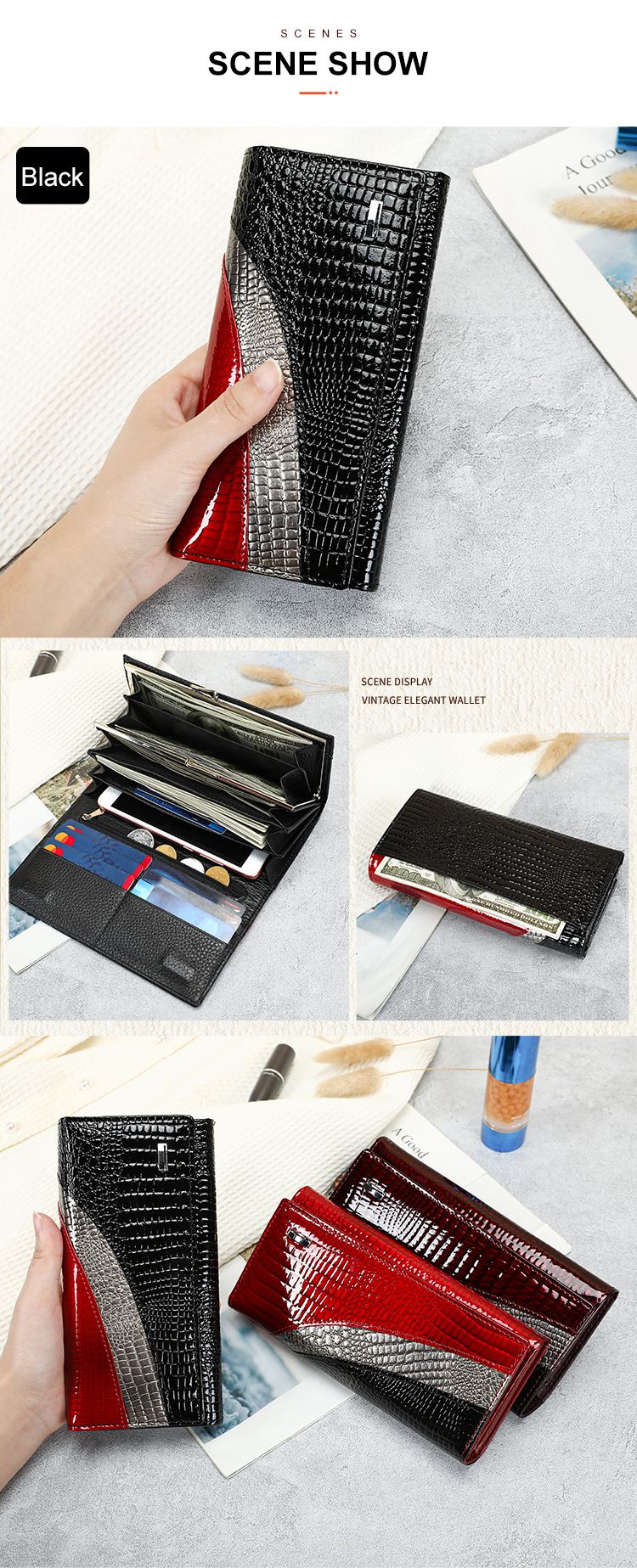 新款油蠟牛皮時尚拼接手拿包 復古百搭簡約長款錢包 潮時尚真皮女士錢包 新款手機包推薦 真皮包包