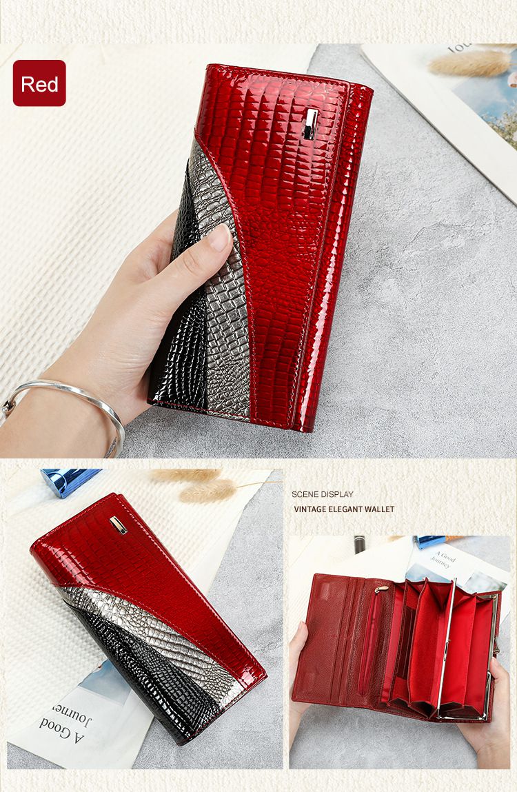 新款油蠟牛皮時尚拼接手拿包 復古百搭簡約長款錢包 潮時尚真皮女士錢包 新款手機包推薦 真皮包包