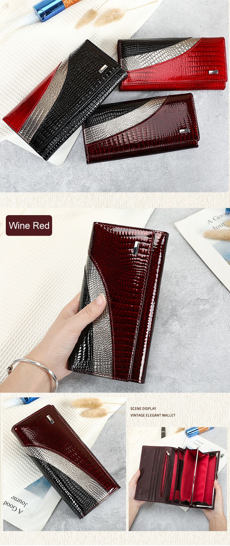 新款油蠟牛皮時尚拼接手拿包 復古百搭簡約長款錢包 潮時尚真皮女士錢包 新款手機包推薦 真皮包包