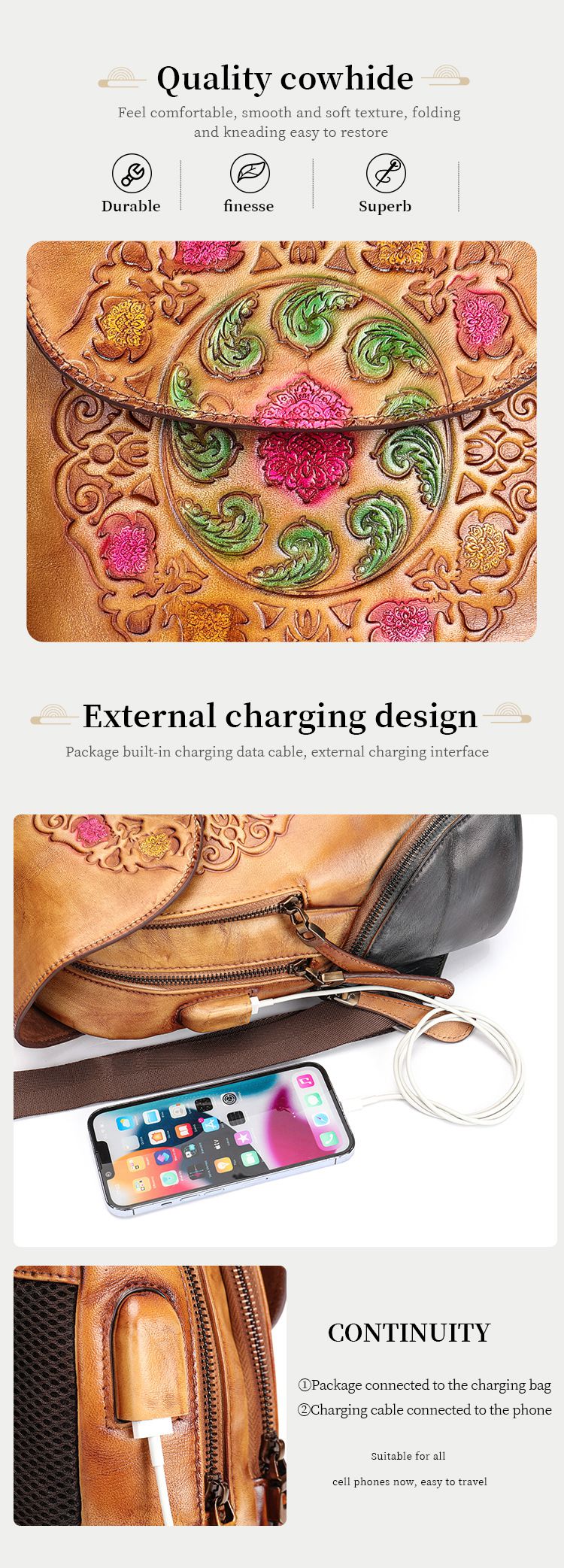 真皮民族風後背包 復古女士雙肩包 新款花紋背包 頭層牛皮大容量旅行包學生書包推薦 真皮包包