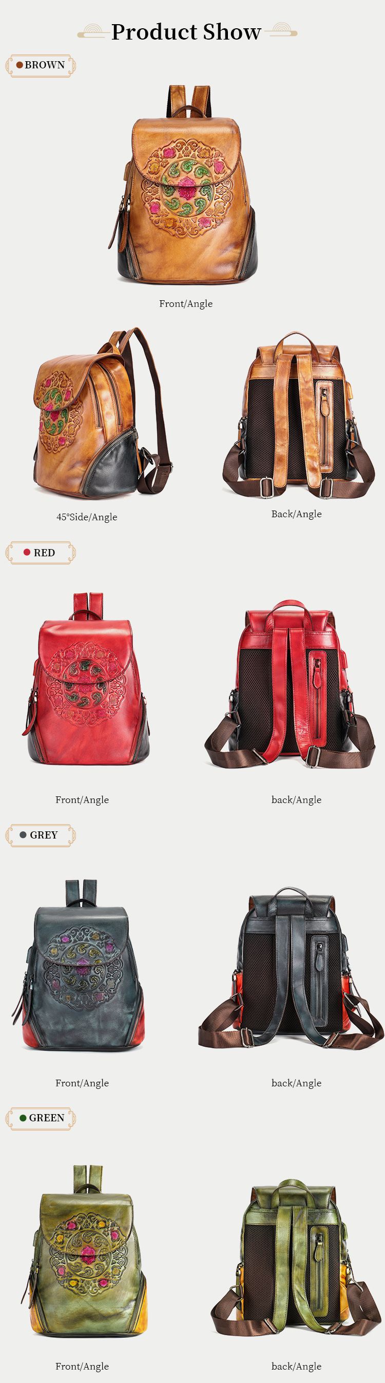 真皮民族風後背包 復古女士雙肩包 新款花紋背包 頭層牛皮大容量旅行包學生書包推薦 真皮包包
