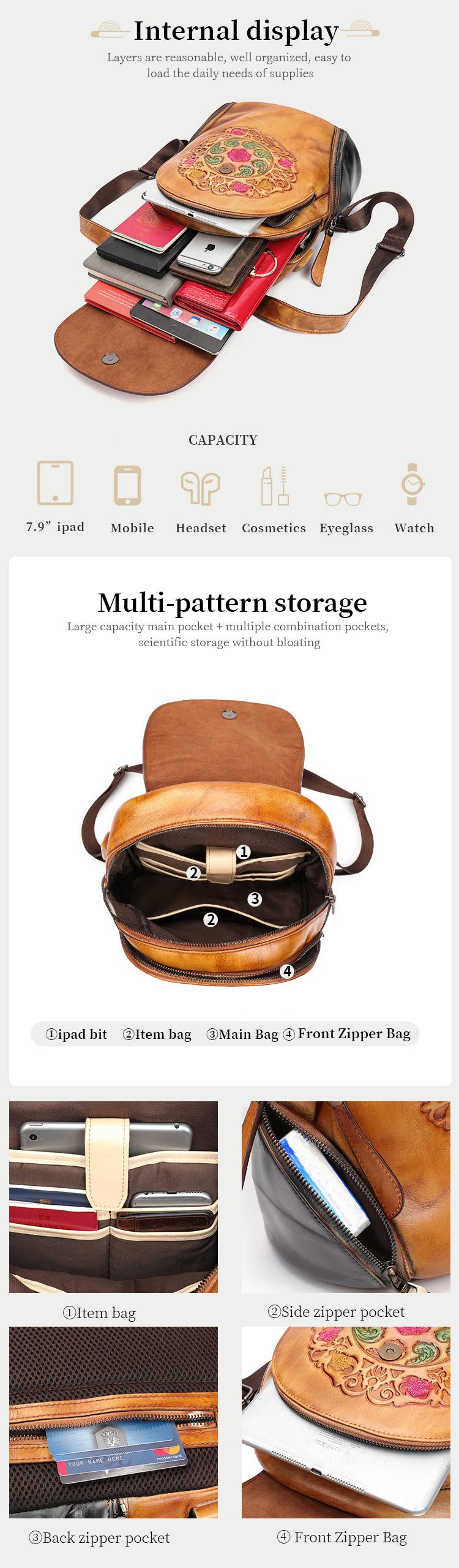 真皮民族風後背包 復古女士雙肩包 新款花紋背包 頭層牛皮大容量旅行包學生書包推薦 真皮包包