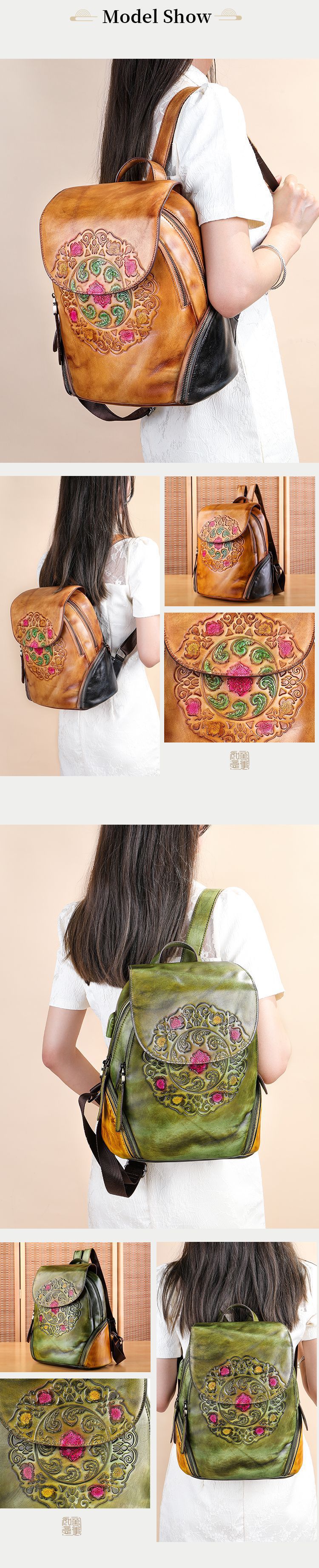 真皮民族風後背包 復古女士雙肩包 新款花紋背包 頭層牛皮大容量旅行包學生書包推薦 真皮包包