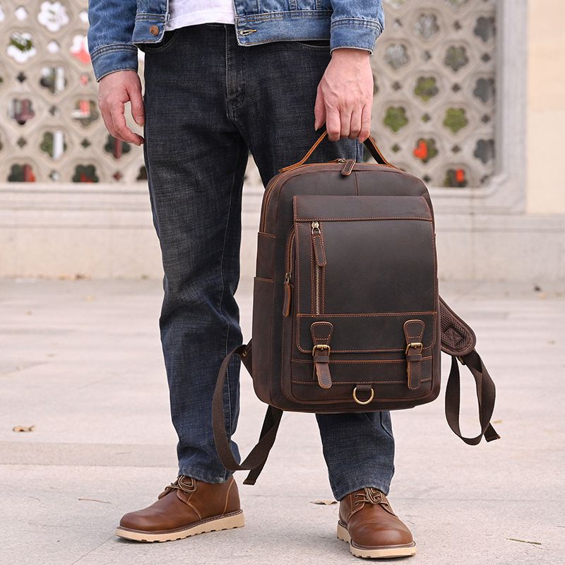 新款復古男士後背包 大容量雙肩包 瘋馬皮旅行背包 頭層牛皮書包 商務15吋電腦包熱賣推薦 真皮包包