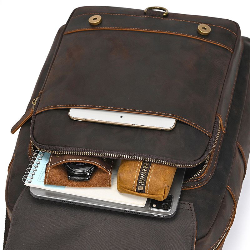 新款復古男士後背包 大容量雙肩包 瘋馬皮旅行背包 頭層牛皮書包 商務15吋電腦包熱賣推薦 真皮包包