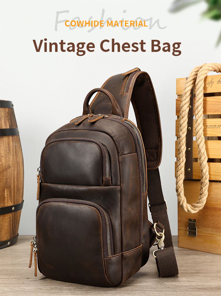 新款瘋馬皮復古簡約男士胸包 頭層牛皮多功能通勤便攜單肩包 大容量真皮斜挎包胸前包推薦 真皮包包