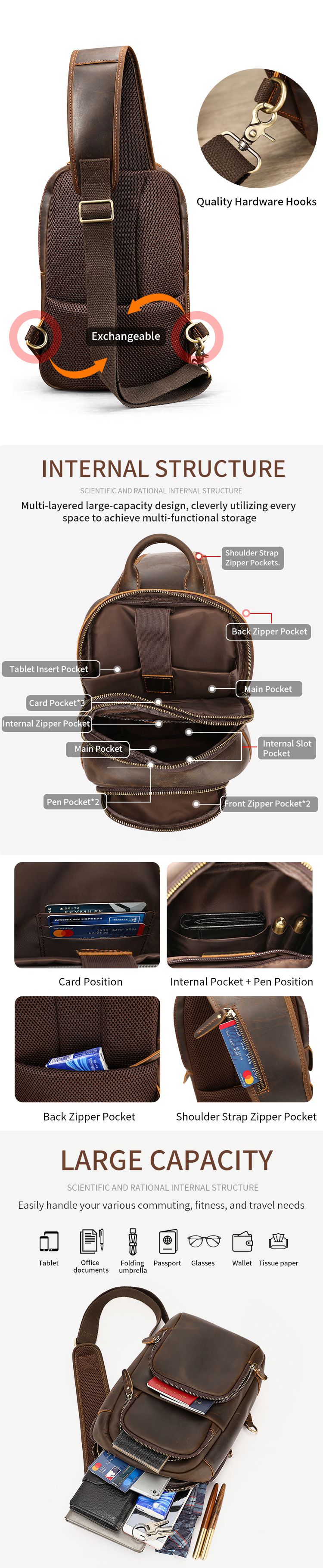 新款瘋馬皮復古簡約男士胸包 頭層牛皮多功能通勤便攜單肩包 大容量真皮斜挎包胸前包推薦 真皮包包