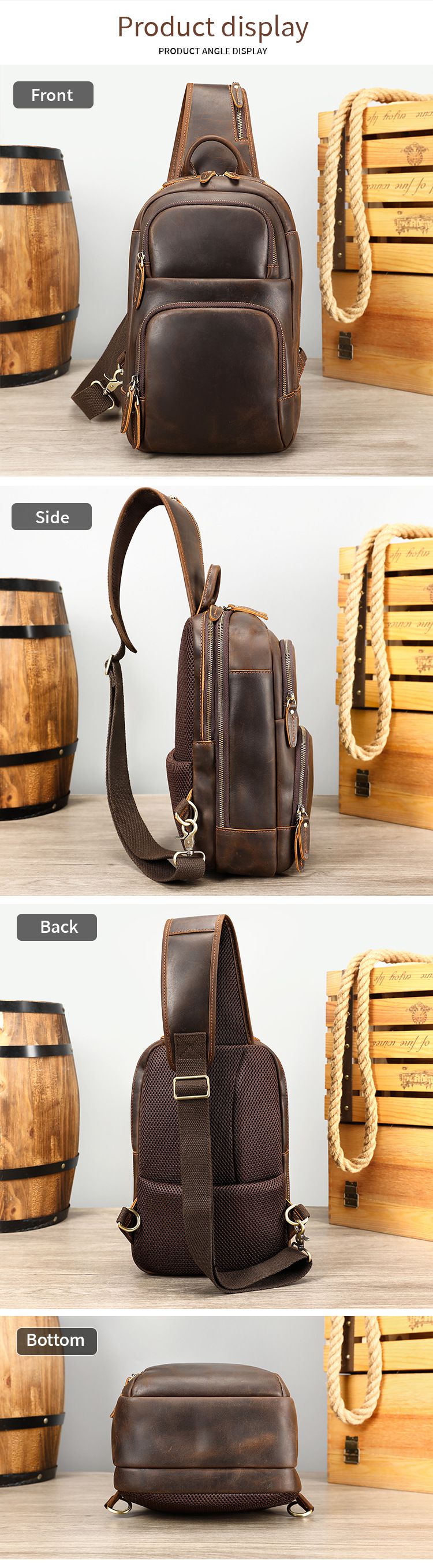 新款瘋馬皮復古簡約男士胸包 頭層牛皮多功能通勤便攜單肩包 大容量真皮斜挎包胸前包推薦 真皮包包