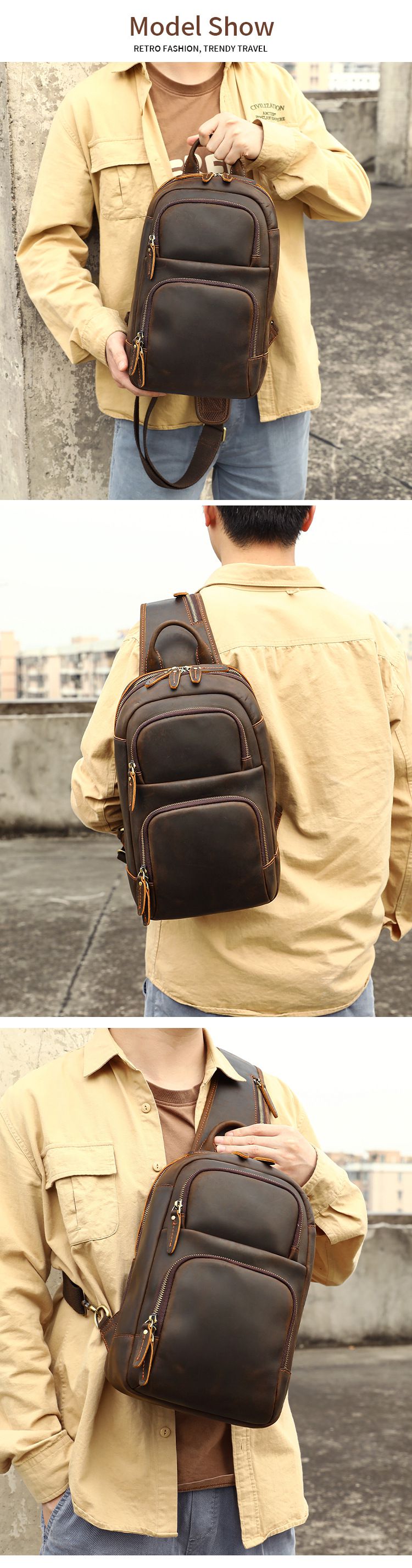 新款瘋馬皮復古簡約男士胸包 頭層牛皮多功能通勤便攜單肩包 大容量真皮斜挎包胸前包推薦 真皮包包