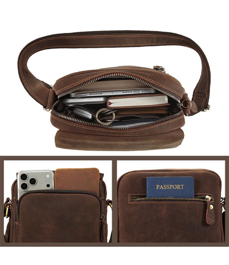 新款復古真皮單肩包 通勤百搭休閒斜挎包 多功能包蓋搭扣豎款男包 瘋馬皮斜背包推薦 真皮包包