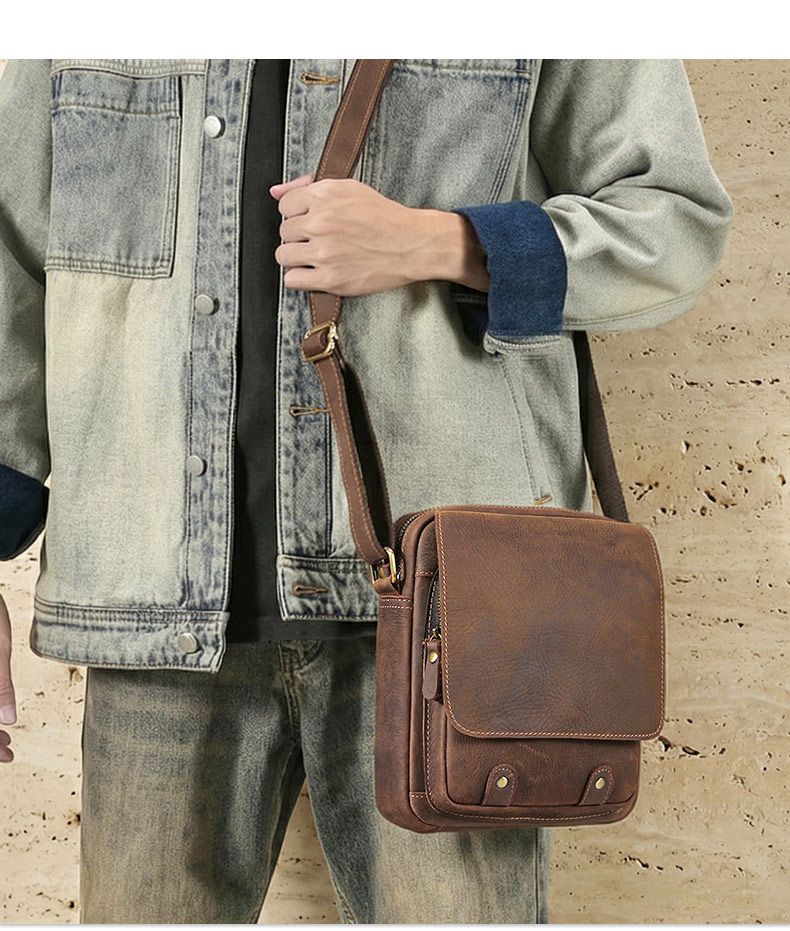 新款復古真皮單肩包 通勤百搭休閒斜挎包 多功能包蓋搭扣豎款男包 瘋馬皮斜背包推薦 真皮包包