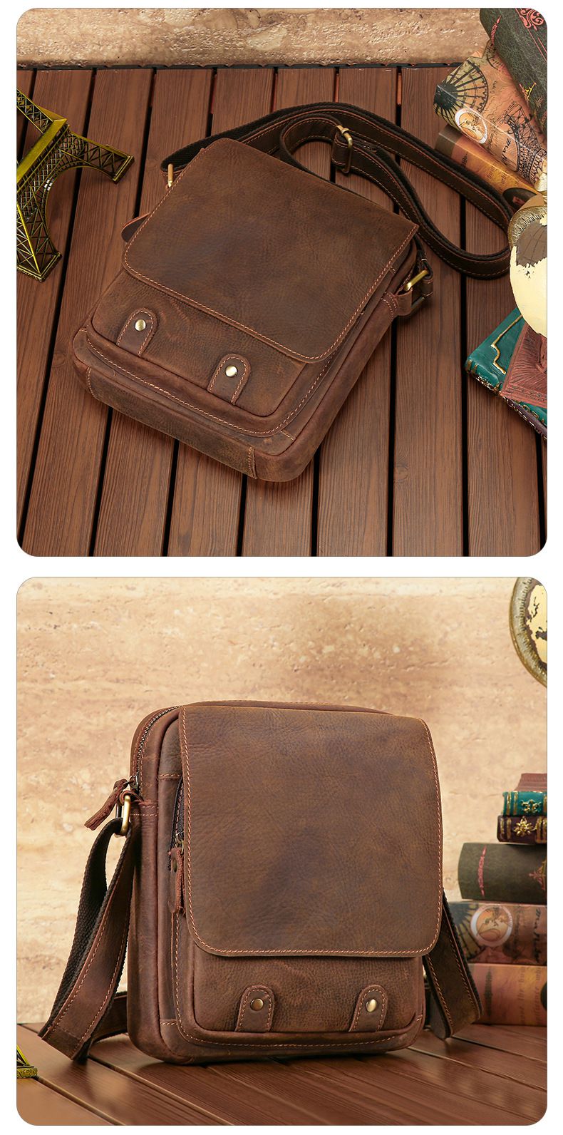 新款復古真皮單肩包 通勤百搭休閒斜挎包 多功能包蓋搭扣豎款男包 瘋馬皮斜背包推薦 真皮包包
